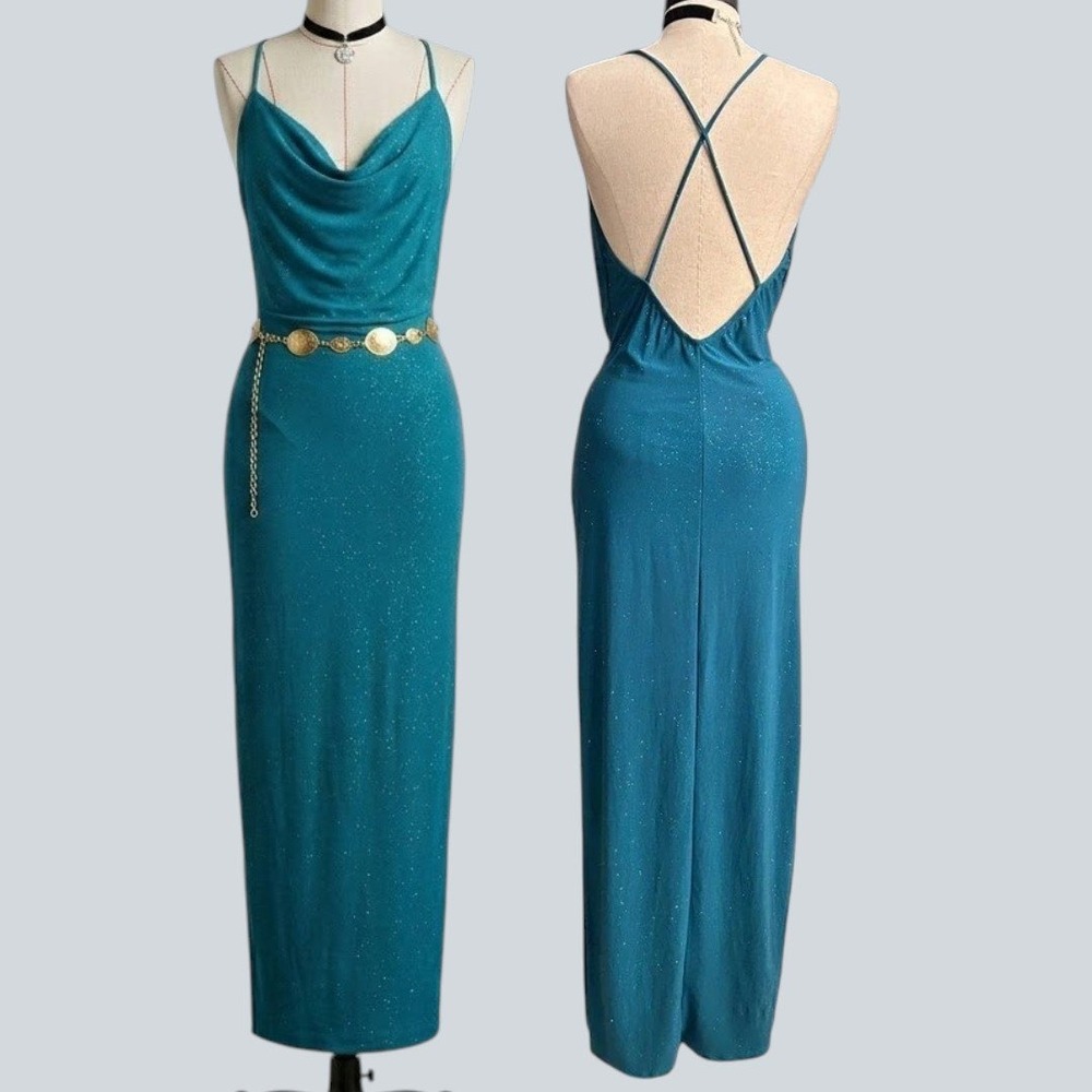 Teal Shimmer Cowl Neck Maxi Dress Cross Back Formal Gown LARGE Party